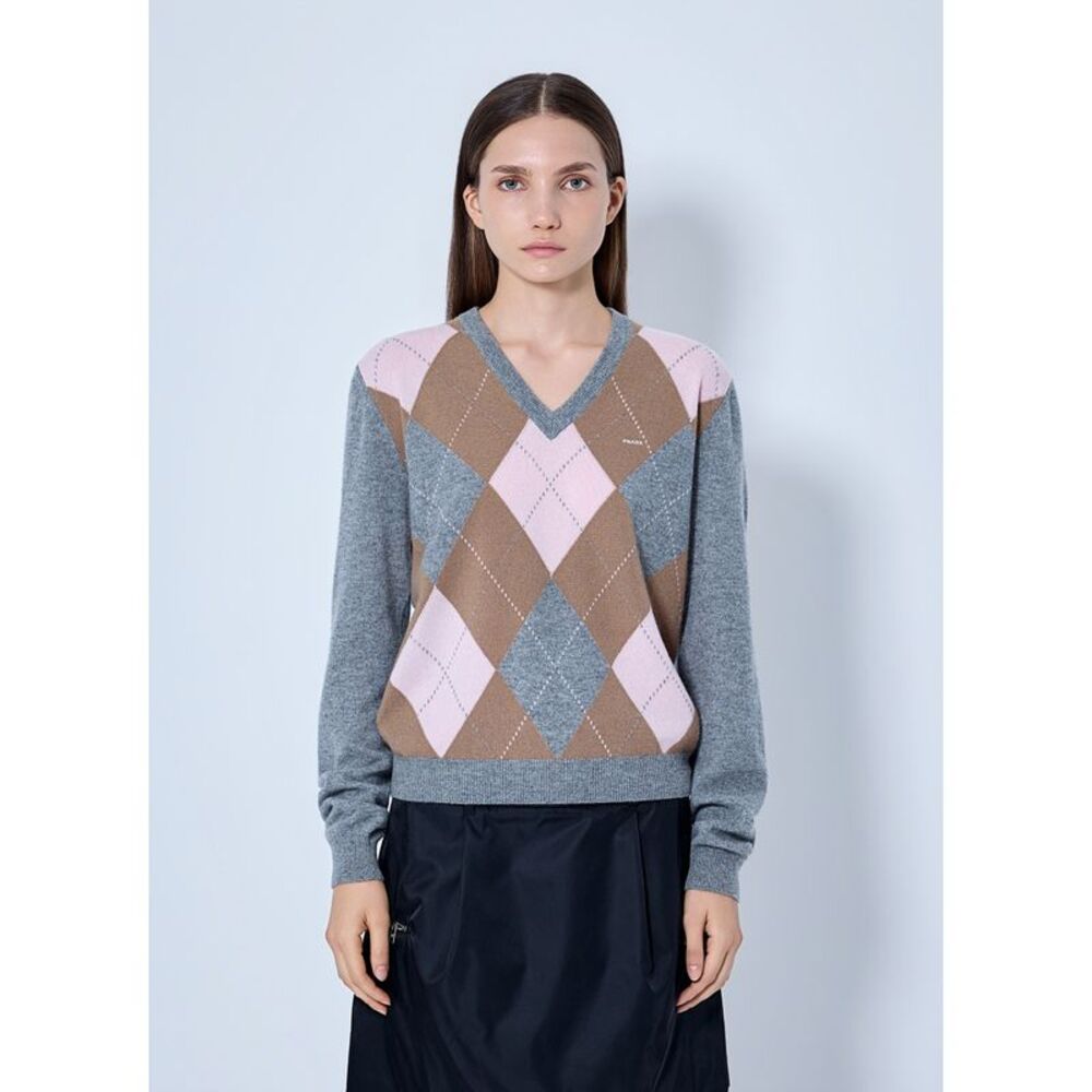 Prada Women Argyle V-Neck Sweater
